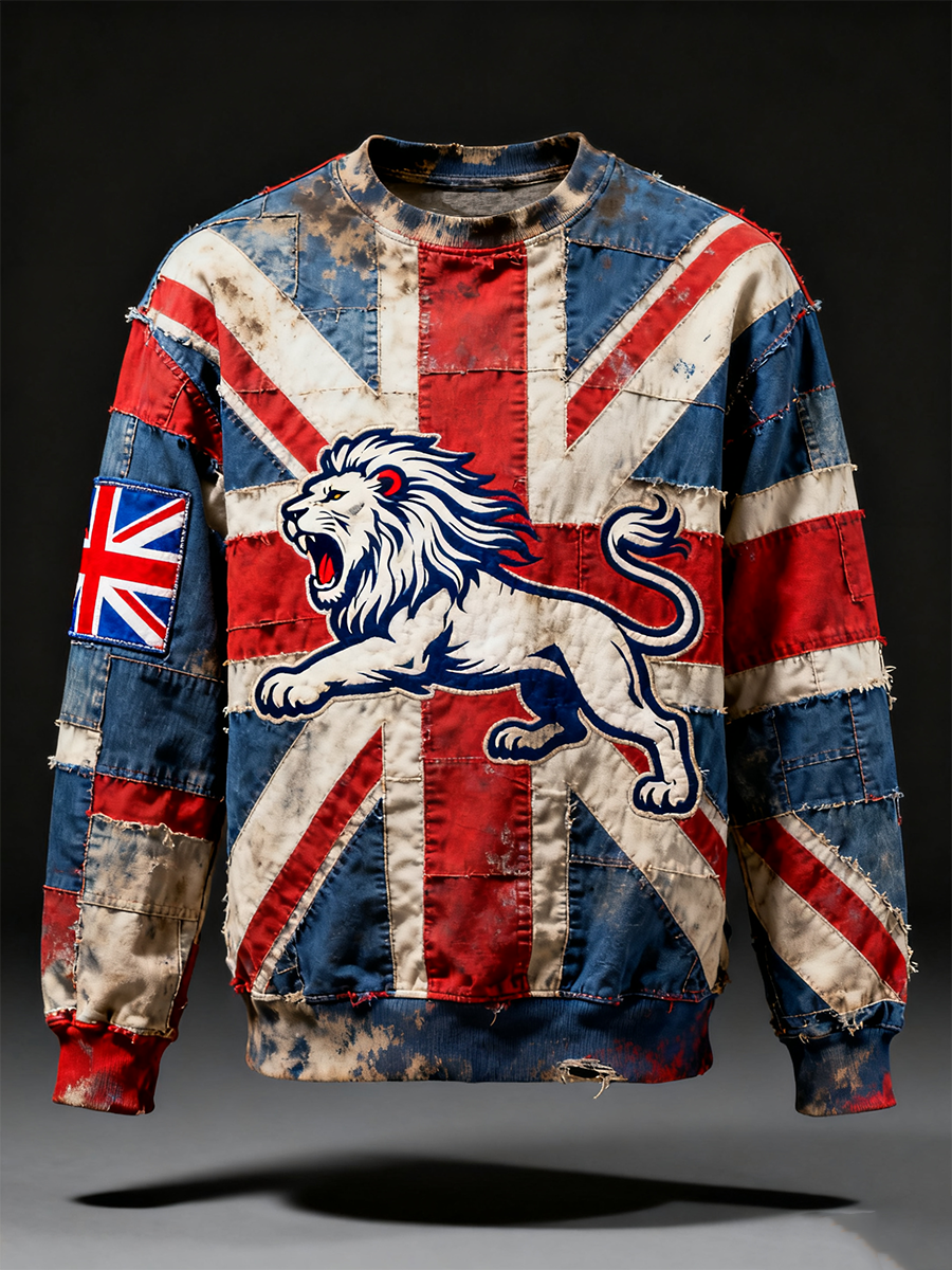 Men's  British lion combined with retro old style Printed Crew Neck Sweatshirt