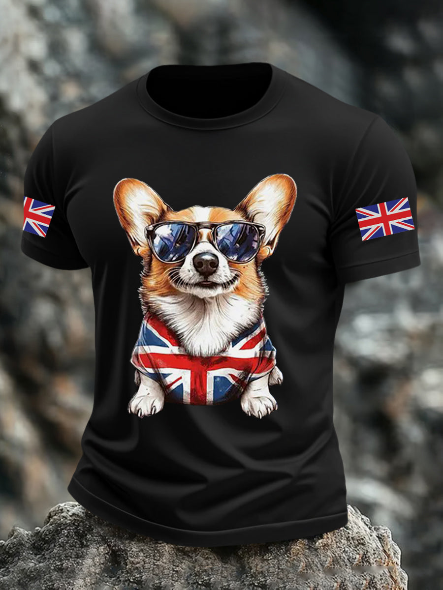 Men's Vintage England Flag Dog Printed T-shirt