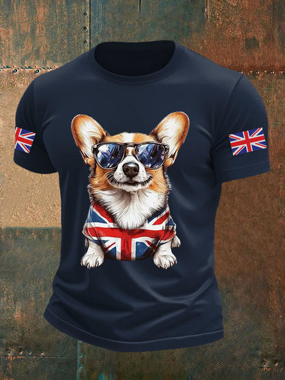 Men's Vintage England Flag Dog Printed T-shirt