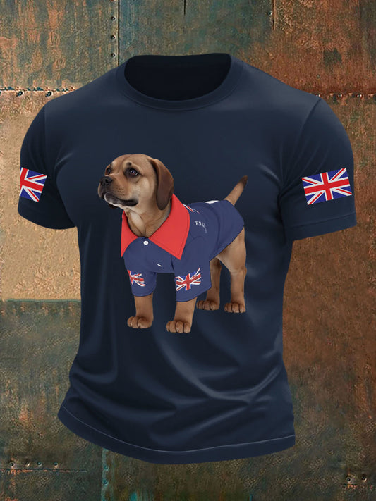 Men's Vintage England Flag Dog Printed T-shirt