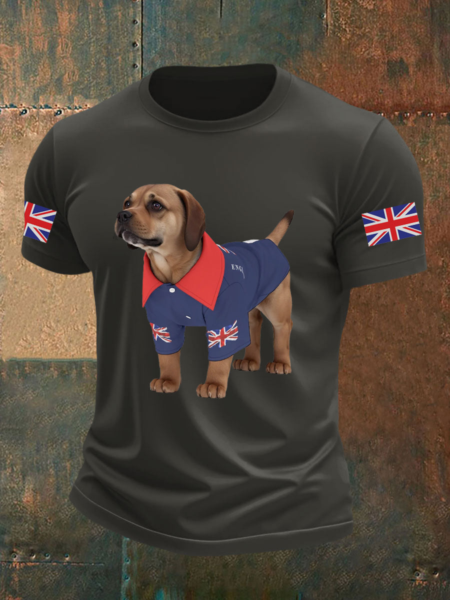 Men's Vintage England Flag Dog Printed T-shirt