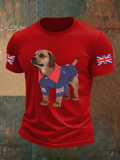 Men's Vintage England Flag Dog Printed T-shirt