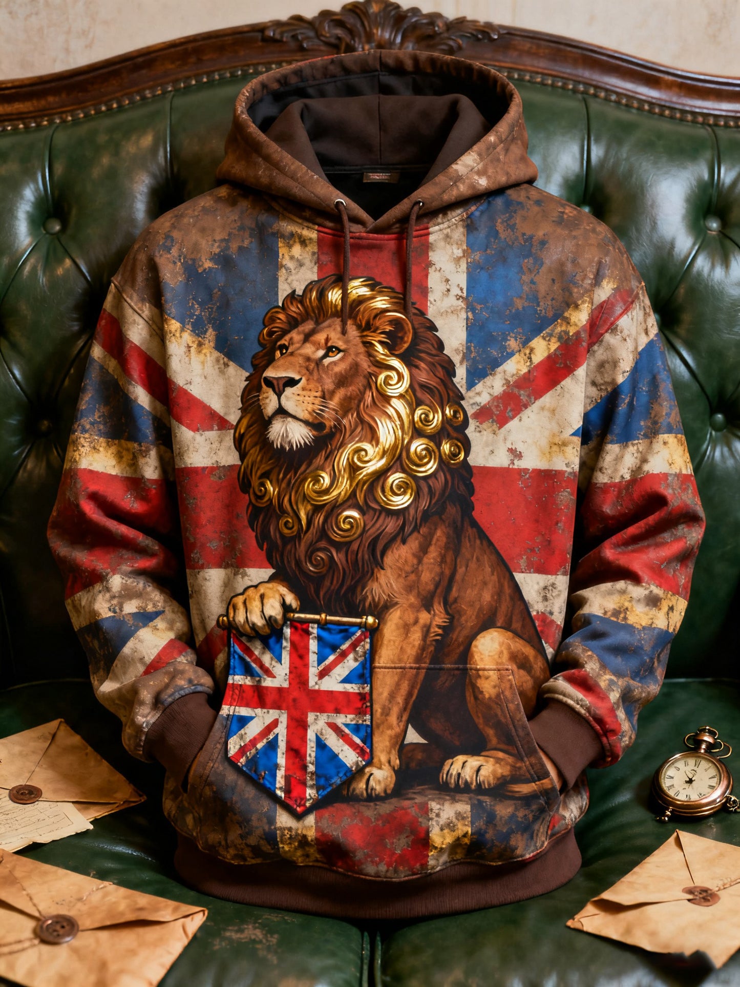 Men's Vintage England Flag Lion Printed Hoodie