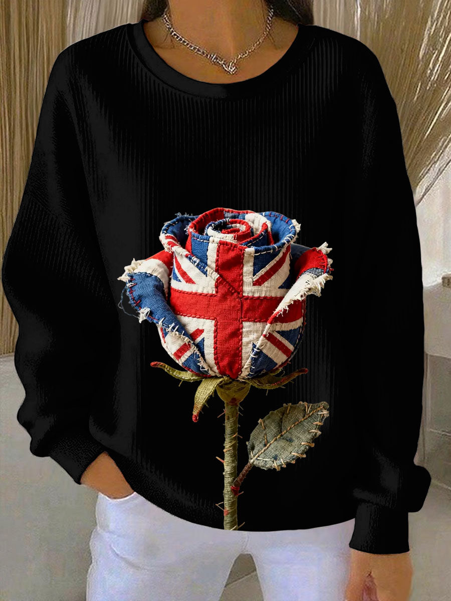 Women's british patchwork Rose Printed Ribbed Round-Neck Sweatshirt