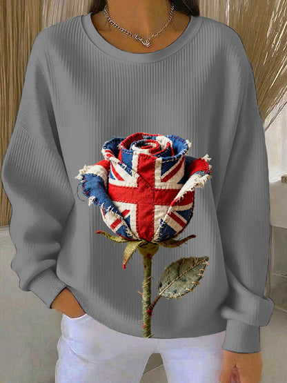 Women's british patchwork Rose Printed Ribbed Round-Neck Sweatshirt