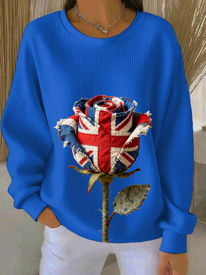 Women's british patchwork Rose Printed Ribbed Round-Neck Sweatshirt
