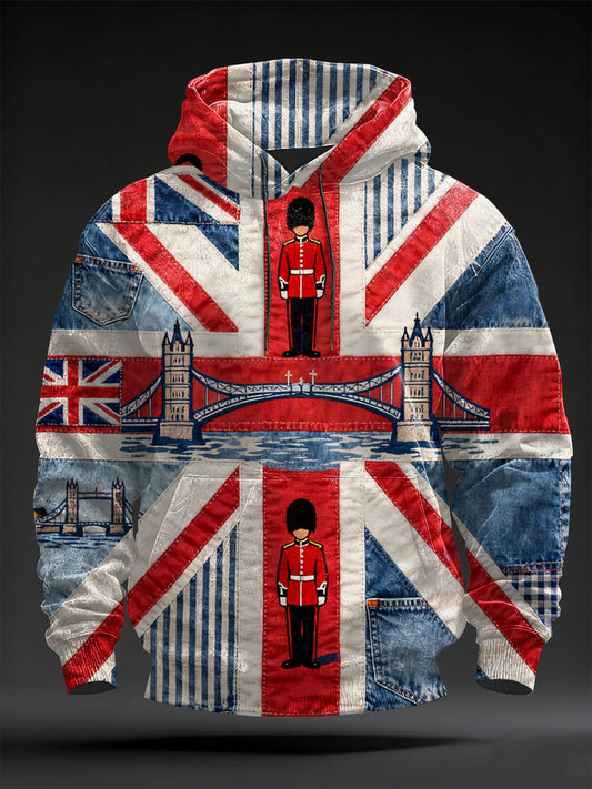 Men's Vintage England Flag Oversized Drop-Shoulder Hoodie with Pockets