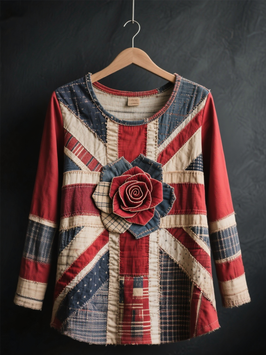 Women's  british patchwork Rose Printed Tops