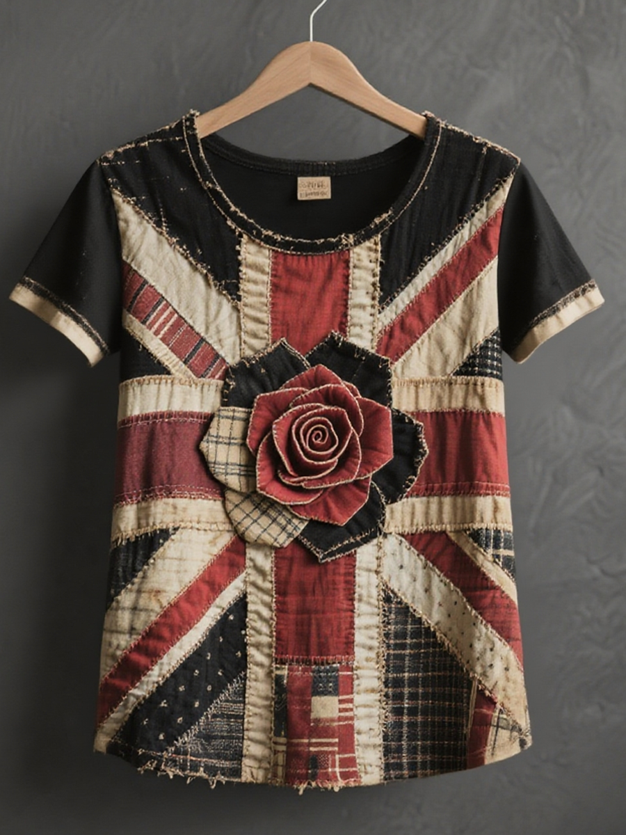 Women's british patchwork Rose Printed short-sleeved T-shirt