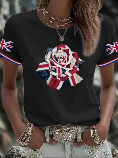 Women's English Patchwork Rose Printed short-sleeved T-shirt