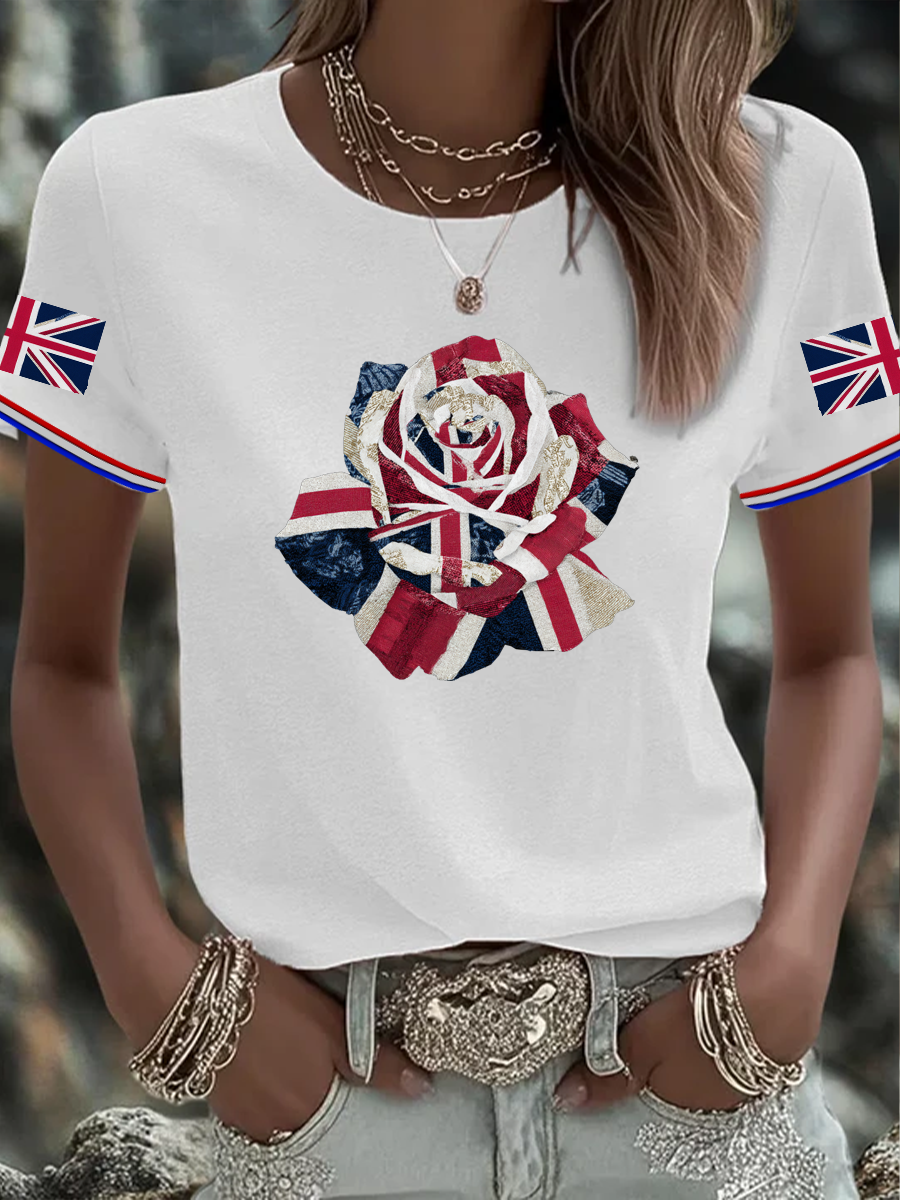 Women's English Patchwork Rose Printed short-sleeved T-shirt