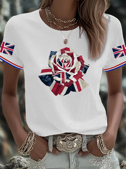 Women's English Patchwork Rose Printed short-sleeved T-shirt