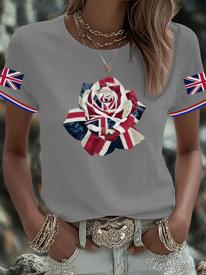 Women's English Patchwork Rose Printed short-sleeved T-shirt