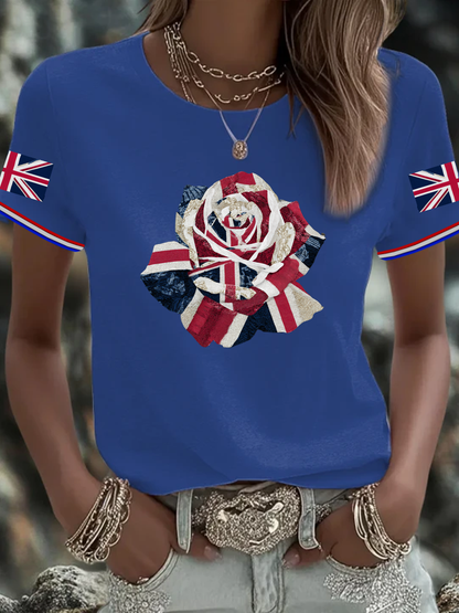 Women's English Patchwork Rose Printed short-sleeved T-shirt