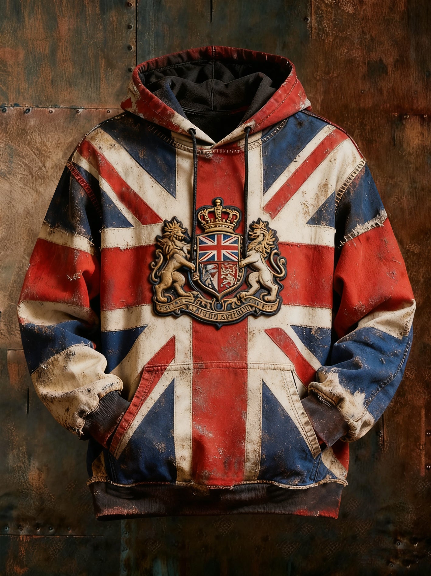 Men's Vintage England Flag Oversized Drop-Shoulder Hoodie with Pockets