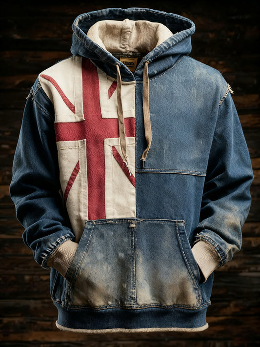 Men's Vintage England Flag Patchwork Printed Hoodie