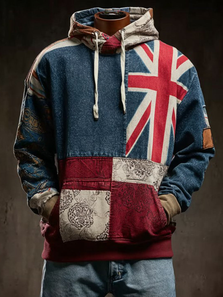 Men's Vintage England Flag Patchwork Printed Hoodie
