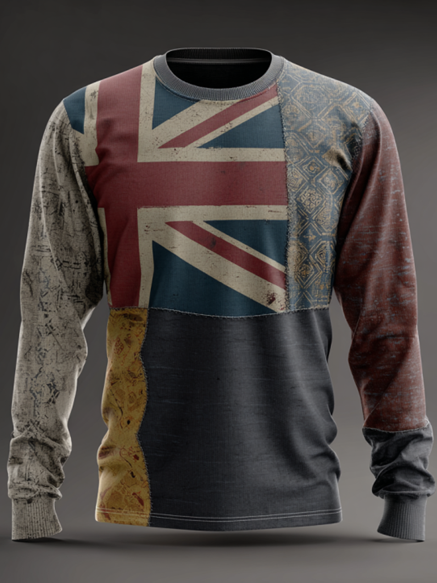 Men's British Flag Patchwork Printed long sleeve round neck T-shirt