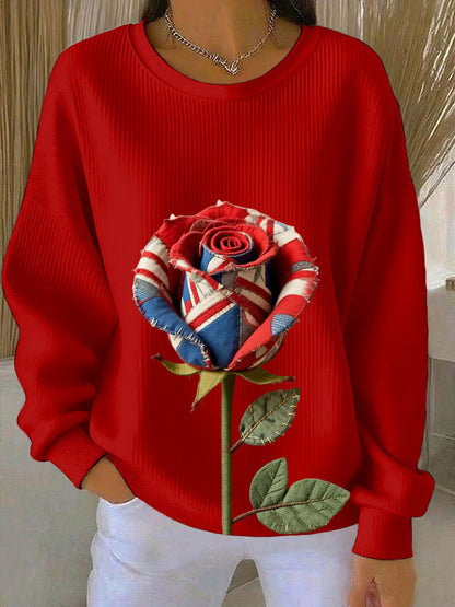 Women's British Rose Printed Ribbed Round-Neck Sweatshirt