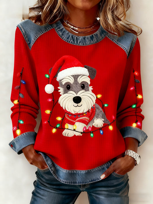 Women's Vintage Christmas Dog Denim Patchwork Sweatshirt