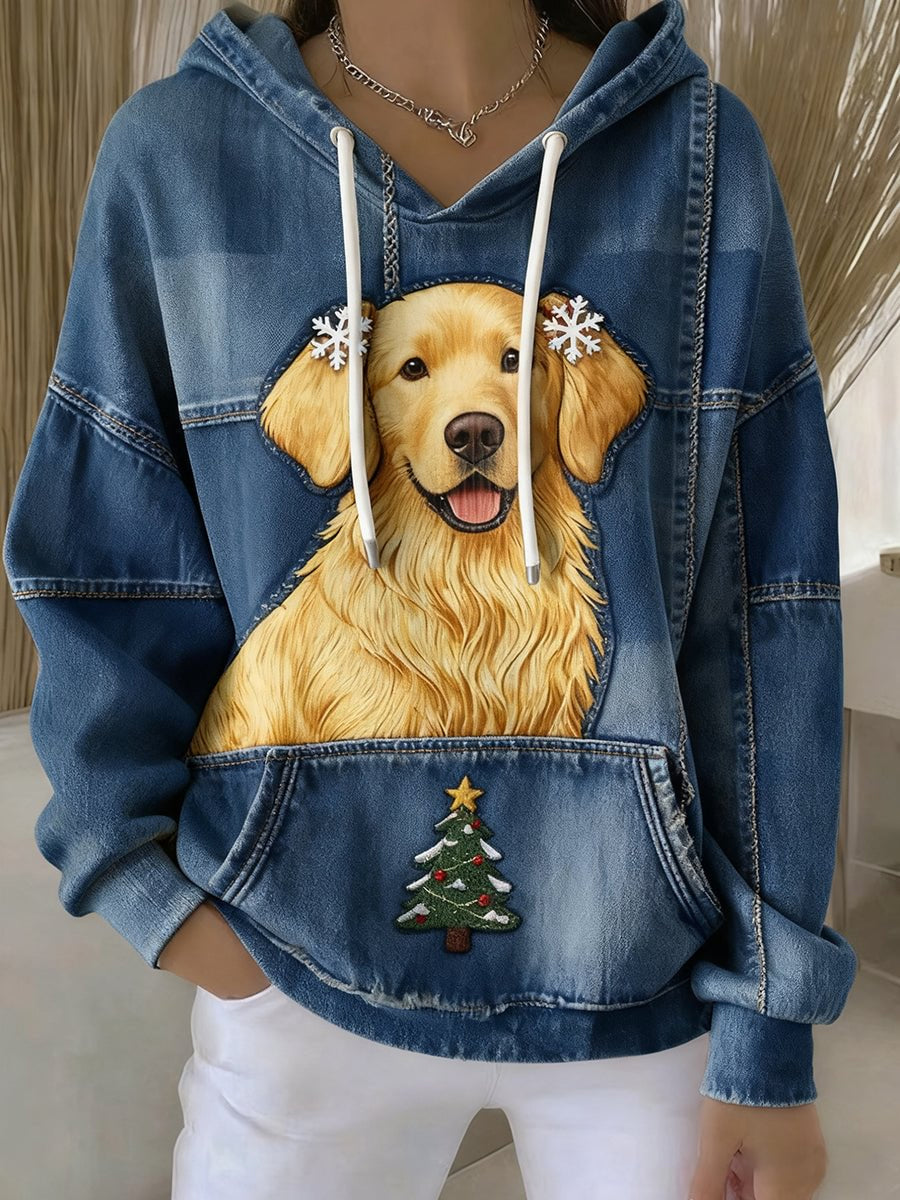 Women's Vintage Dog Art Print Casual Hoodie