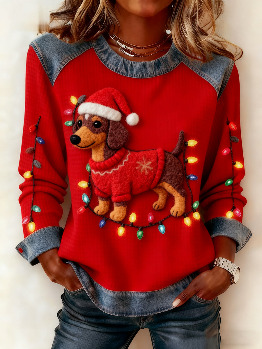 Women's Vintage Christmas Dog Denim Patchwork Sweatshirt