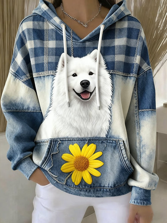Women's Vintage Dog Art Print Casual Hoodie