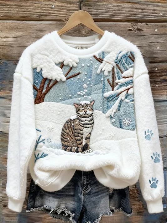 Women's Christmas Lovely Cat In Snowy Forest Cozy Print Casual Plush Sweatshirt