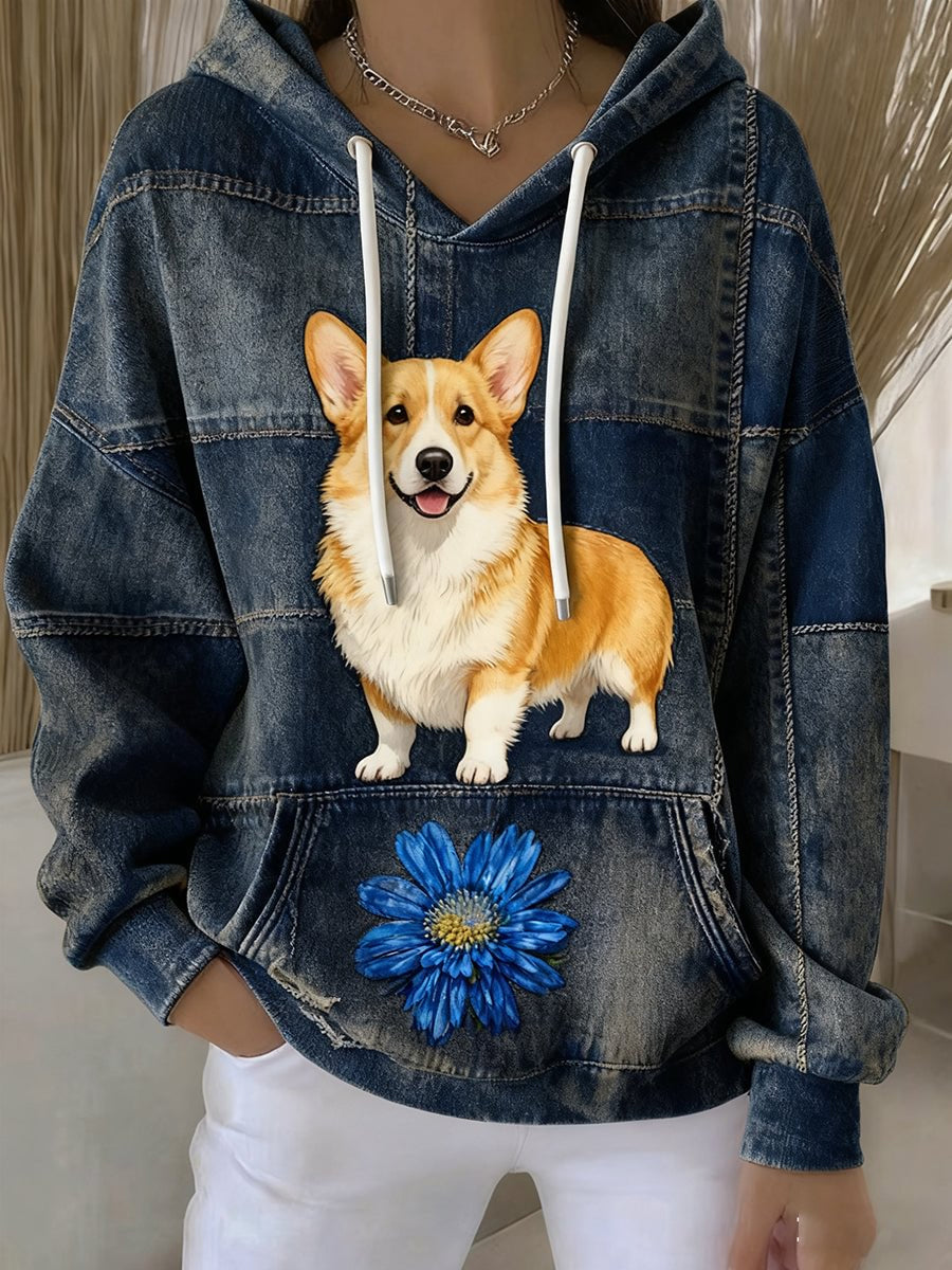 Women's Vintage Dog Art Print Casual Hoodie