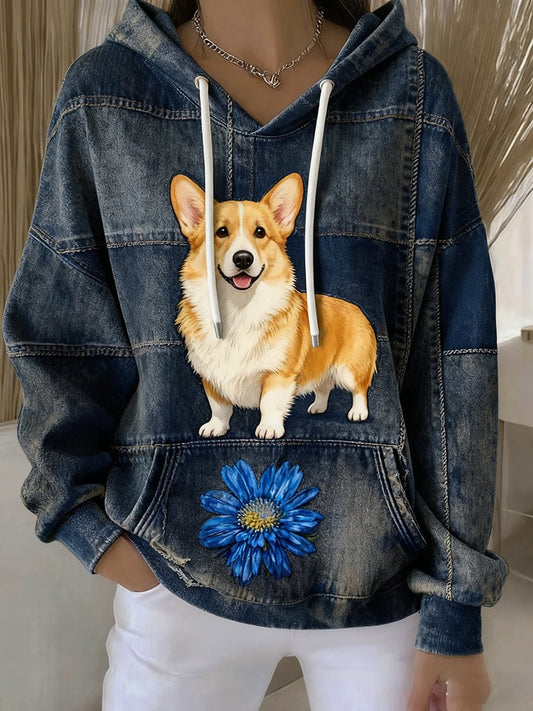 Women's Vintage Dog Art Print Casual Hoodie
