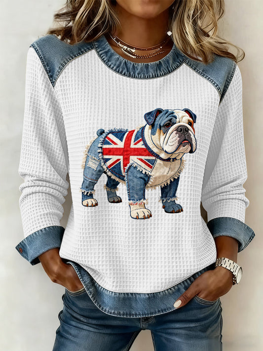 Women's British Style Bulldog Flowers Print Waffle Sweatshirt