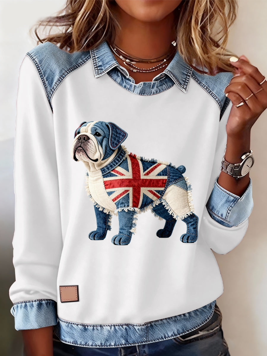 Women's British Style Bulldog Labrador Print Casual Top