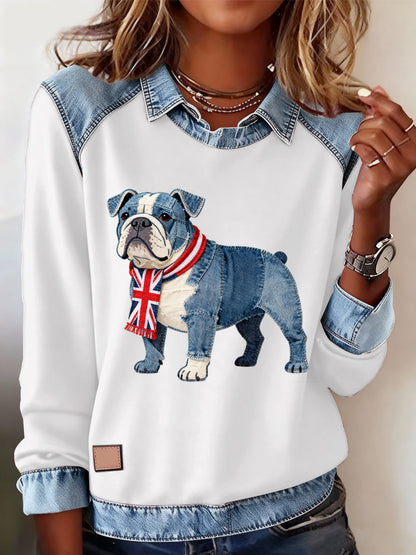 Women's British Style Bulldog Print Casual Top