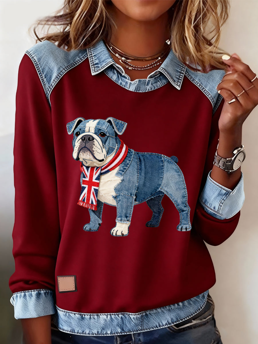 Women's British Style Bulldog Print Casual Top