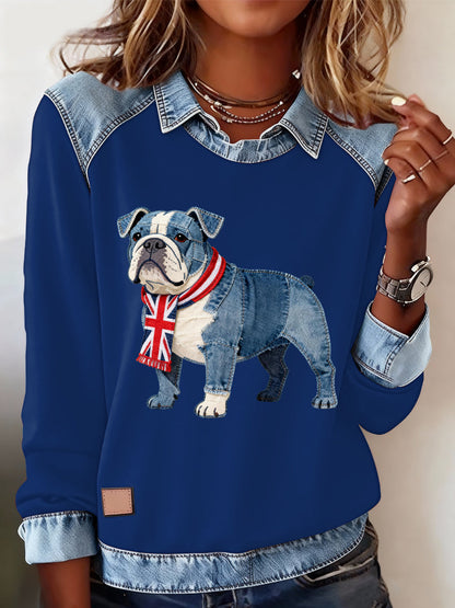 Women's British Style Bulldog Print Casual Top
