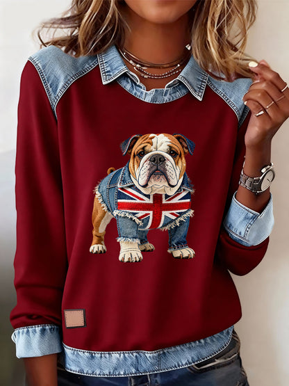 Women's British Style Bulldog Labrador Print Casual Top