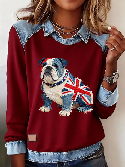 Women's British Style Bulldog Print Casual Top