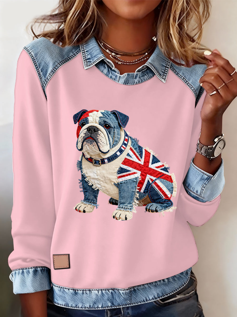 Women's British Style Bulldog Print Casual Top