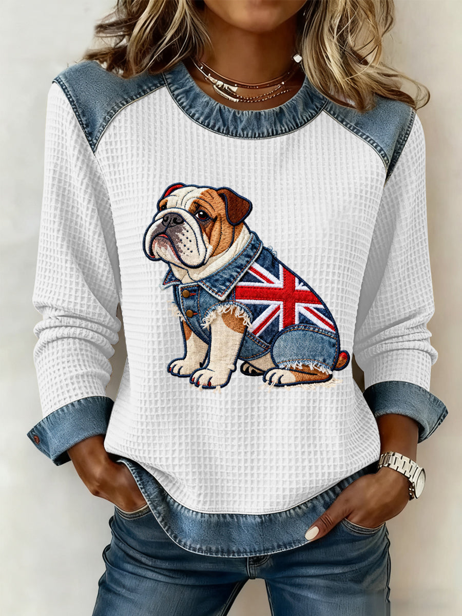 Women's British Style Bulldog Flowers Print Waffle Sweatshirt