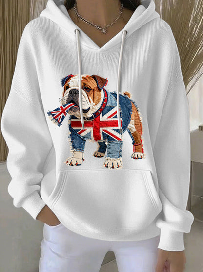 Women's British Style Bulldog Print Casual Hoodie