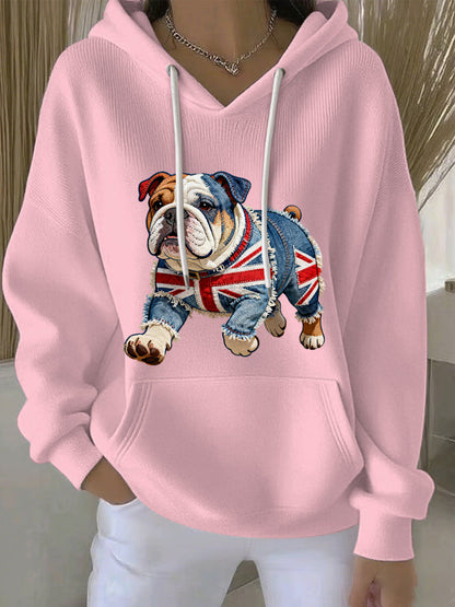 Women's British Style Bulldog Print Casual Hoodie