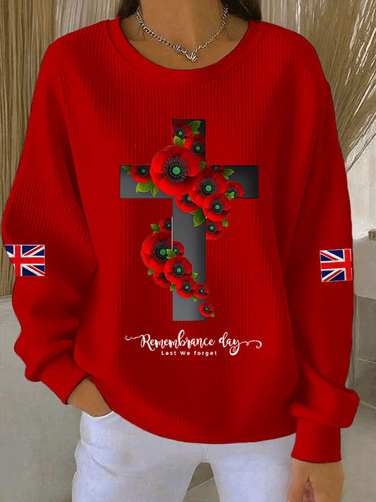 Women's Remembrance Day Lest We Forget Cross Ribbed Round-Neck Sweatshirt