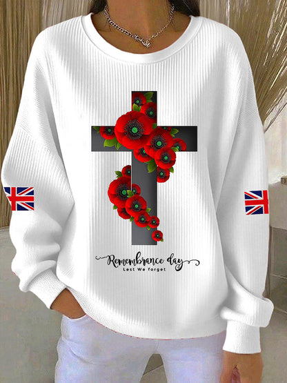 Women's Remembrance Day Lest We Forget Cross Ribbed Round-Neck Sweatshirt