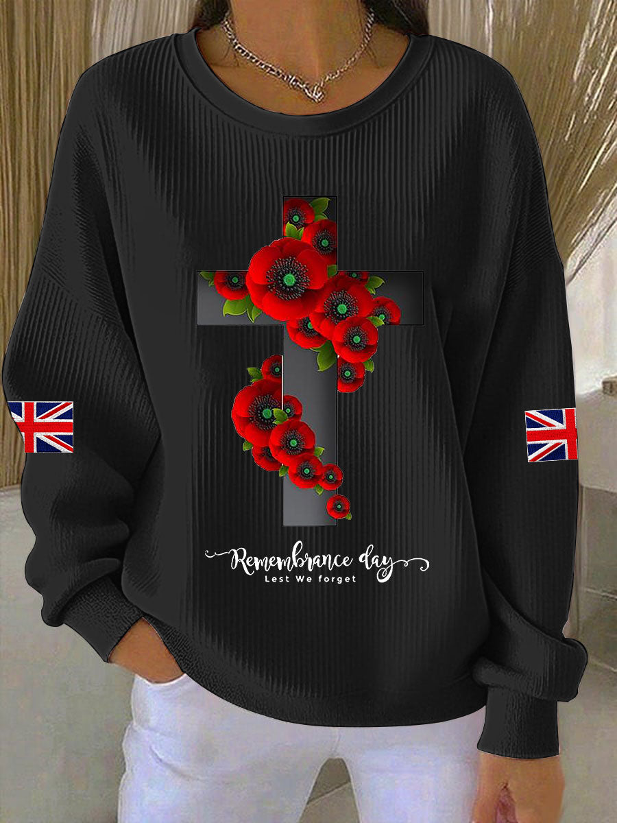 Women's Remembrance Day Lest We Forget Cross Ribbed Round-Neck Sweatshirt