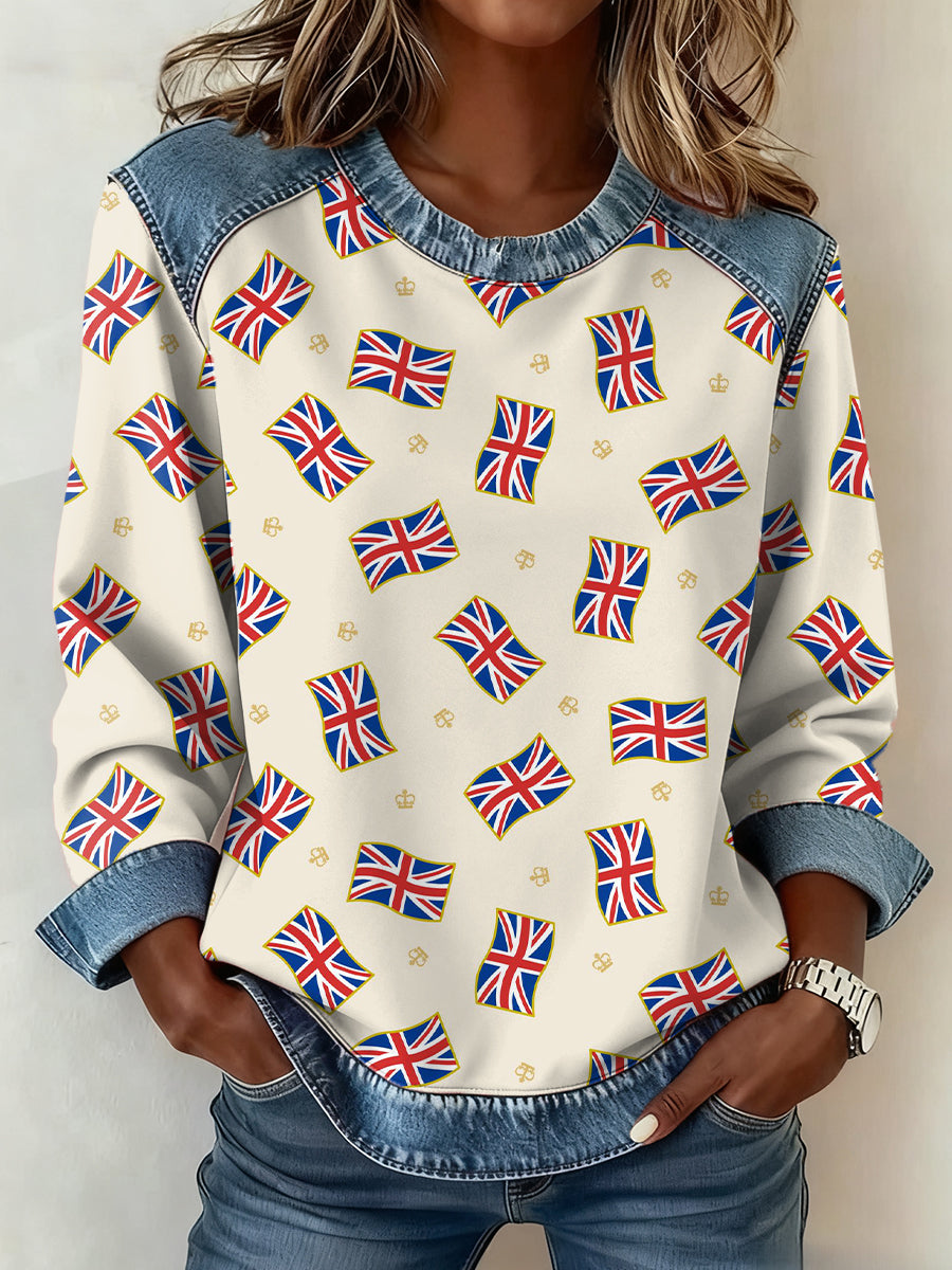 Women's British Style Pattern Patchwork Art Sweatshirt