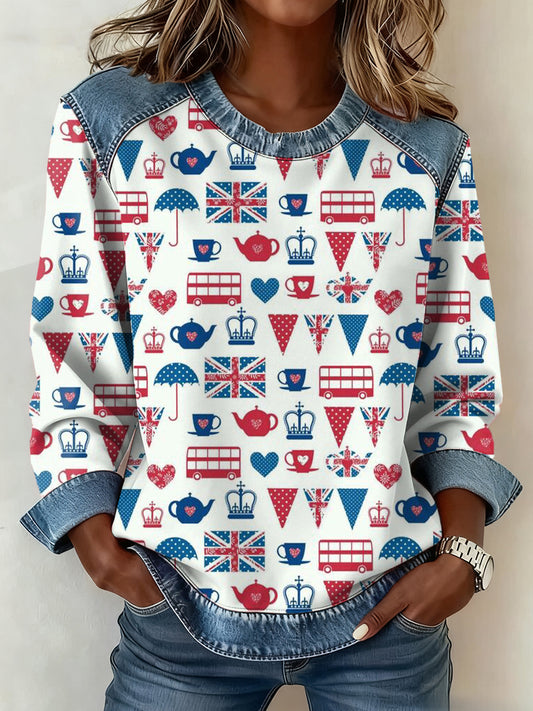 Women's British Style Pattern Patchwork Art Sweatshirt