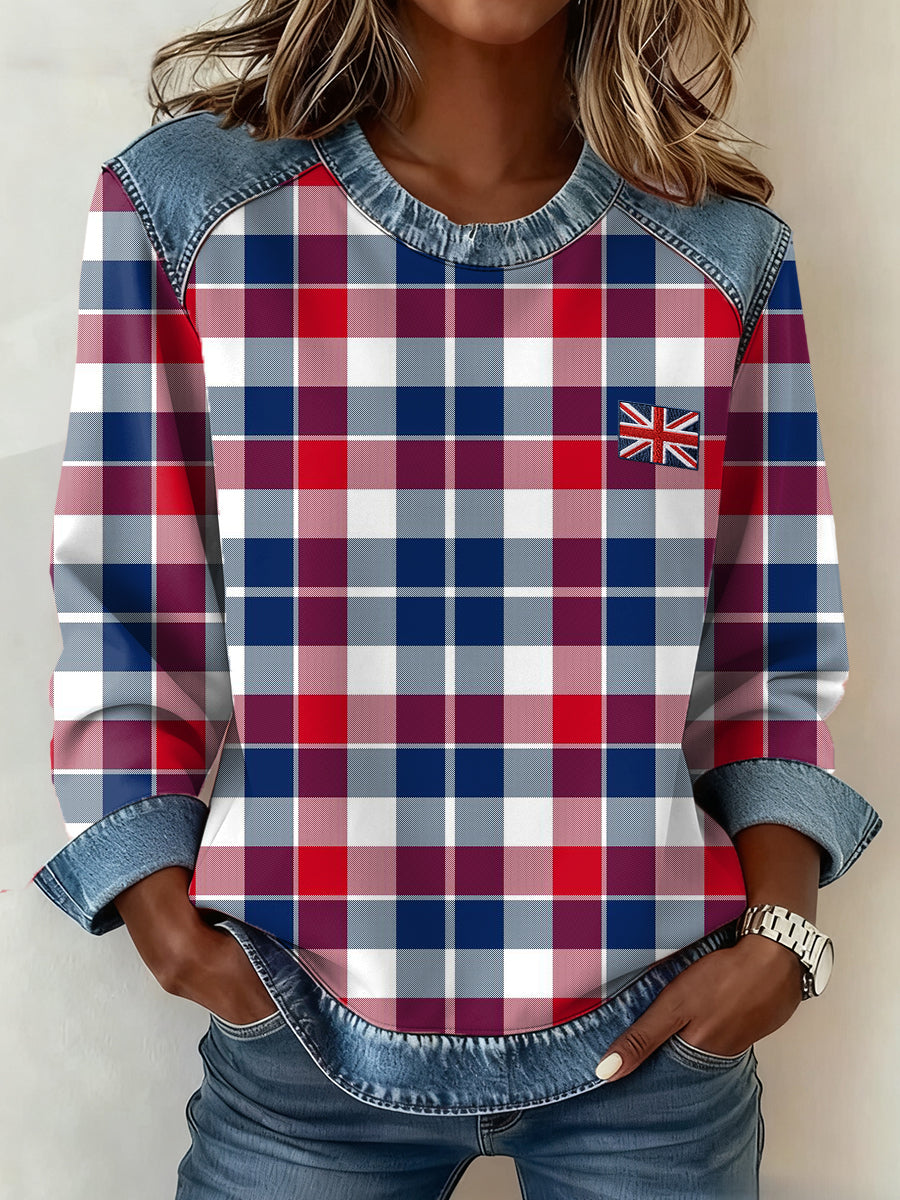 Women's British Style Inspired Plaid Pattern Patchwork Art Sweatshirt