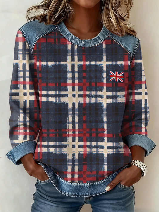 Women's British Style Inspired Plaid Pattern Patchwork Art Sweatshirt