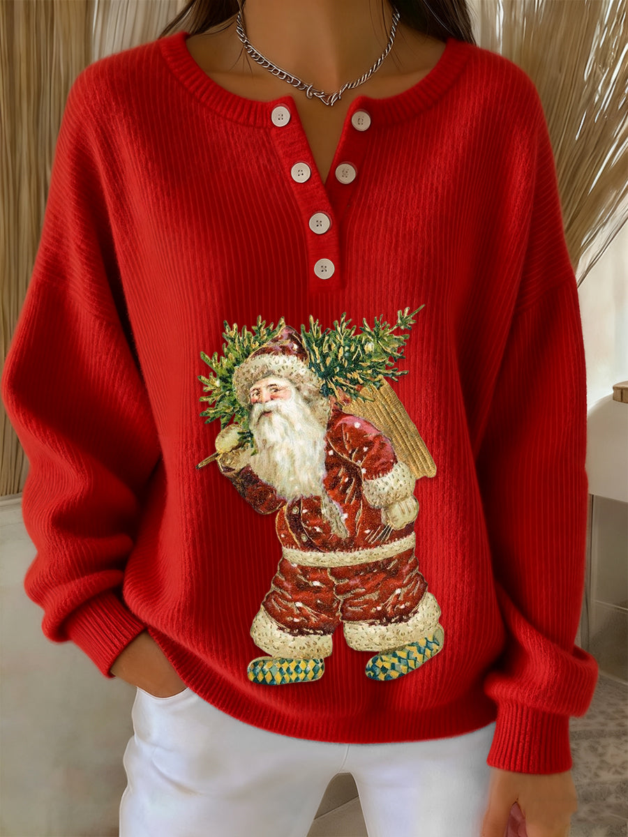 Women's Retro Fun Christmas Santa Print Long-sleeve Sweater