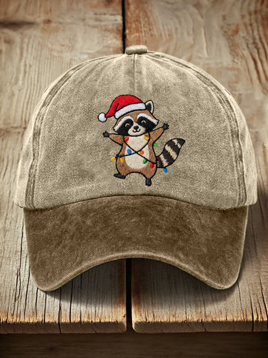 Unisex Christmas Raccoon Embroidered Vintage Hat